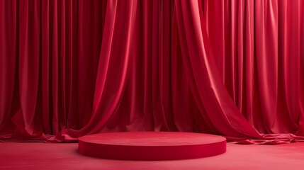Poster - 3D rendering of a red curtain with a podium. The stage is empty and ready for a performance. The curtains are pulled back to reveal the stage.