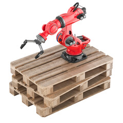 Canvas Print - Robotic arm on the wooden pallets. 3D rendering isolated on transparent background