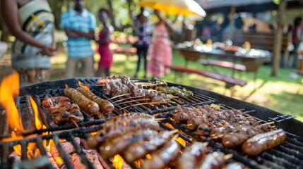 A close-up view of a South African braai barbecue grill with various meats grilling over hot coals, surrounded by friends enjoying a sunny day