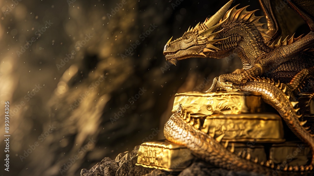 An imposing dragon is majestically perched atop a pile of gleaming gold ...