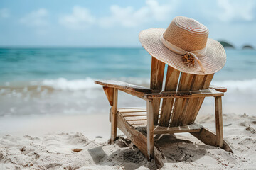 Relaxing Beach Scene with Hat on Wooden Chair 