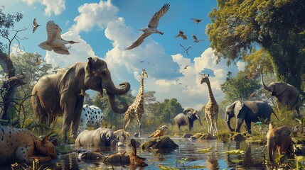 Amazing photo of a group of African animals gathered around a watering hole. The animals include elephants, giraffes, zebras, and birds.