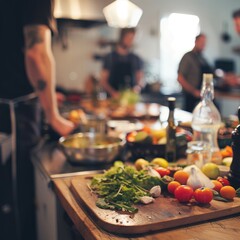 Wall Mural - A group of people are preparing food in a kitchen