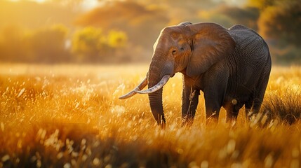 Sticker - A magnificent elephant grazes amidst golden-hued grass under the setting sun, capturing a tranquil moment in nature with warm colors and soft light enveloping the scene.