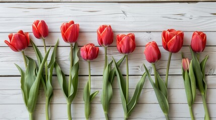 Poster - Tulip flowers display on a light wooden backdrop