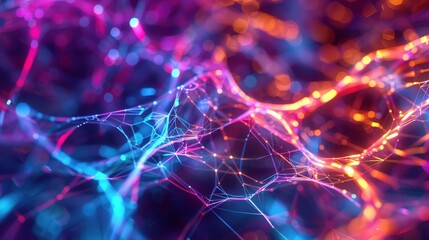 Poster - An abstract digital background features a web of interconnected lines in vibrant pink, blue, and orange hues, creating a mesmerizing and futuristic effect