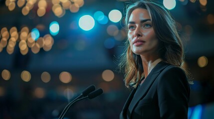 woman giving a speech on stage with blue bokeh lights in the background.