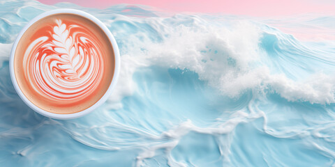 Sticker - Cup of coffee with latte art on sea background, top view, copy space