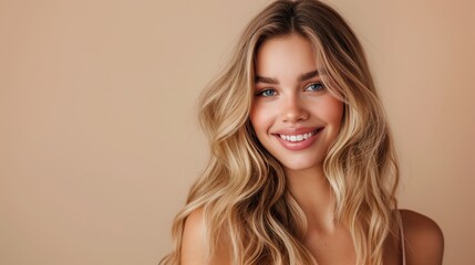 Wall Mural - Blonde woman with long wavy hair and natural makeup posing over beige studio background, with copy space