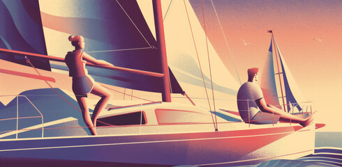 Wall Mural - A man and woman are on a sailboat, enjoying the sunset. Scene is peaceful and romantic.