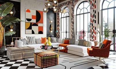 Sticker - Art Deco-inspired living room with bold geometric patterns and luxe fabrics