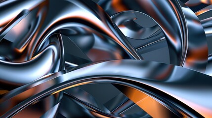 Poster - A digital illustration of swirling metallic ribbons in blue and orange hues