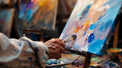 Wall Mural - An artist is using a brush to add the finishing touches to a painting on a canvas.
