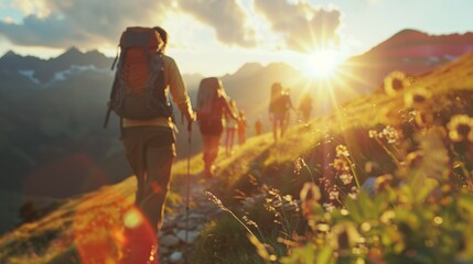 Wall Mural - several hikers walking along a trail towards the setting sun, capturing the essence of adventure, co