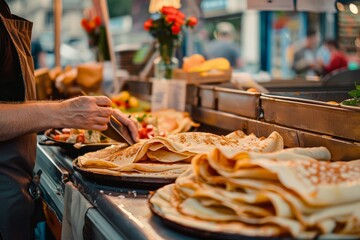 A street vendor selling delicious crepes with various fillings. -