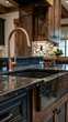 © BloomArt - A closeup of a modern copper faucet over a black granite kitchen sink with wood cabinets in the background