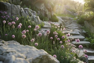 Wall Mural - A serene and picturesque scene of a stone stairway through a wooded area, adorned with purple flowers blooming in the spring.