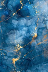  Watercolor background with brush strokes, spilled blue paints, golden veins, cracked marble texture