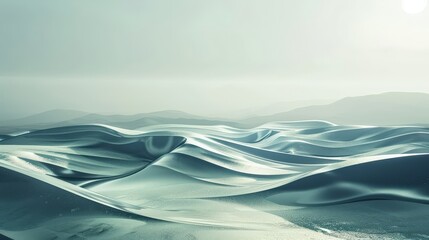 Poster - A vast, metallic desert landscape with smooth, flowing dunes under a hazy sky. The metallic sheen of the dunes reflects the light, creating a surreal, otherworldly atmosphere
