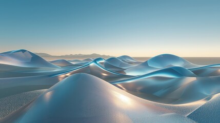 Poster - A serene, futuristic landscape of metallic dunes bathed in the warm glow of a setting sun
