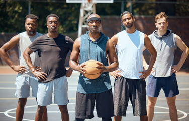 Wall Mural - Portrait of a sports basketball team training for a game on an outdoor professional court. Workout, athletes and healthy group of men preparing with exercise and fitness for match on a playing field.