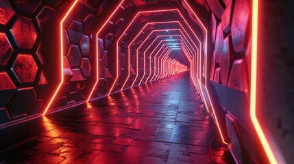 Poster - A futuristic tunnel lined with glowing hexagonal tiles and neon lights, creating a visually captivating and otherworldly atmosphere