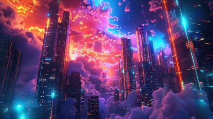 Poster - A digital rendering of a futuristic cityscape with tall buildings illuminated by neon lights, against a background of bright, colorful clouds