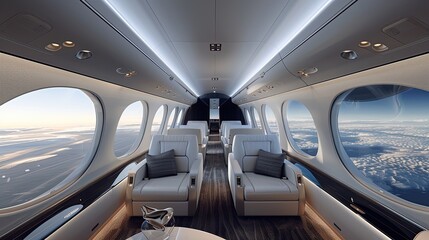 The interior of a luxurious private jet with spacious seating and large windows offering a panoramic view of the clouds at sunset