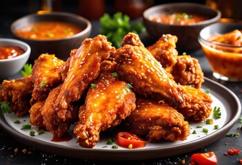 delicious crispy chicken wings tasty sauce plate, food, meal, dish, appetizer, fried, golden, savory, cooked, lunch, dinner, snack, spicy, flavor, barbecue