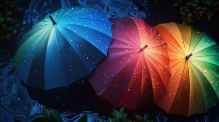 Poster - Three umbrellas, one blue, one red, and one green, sit in a puddle of water with raindrops falling on them