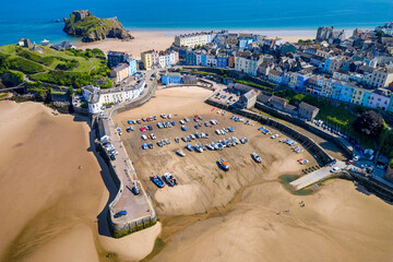 Wall Mural - Aerial view of boats in a picturesque harbor at low tide (Tenby)