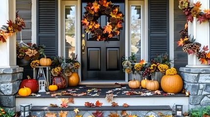 Cozy front porch adorned with autumn decorations, including pumpkins, wreaths, and fall-colored foliage.