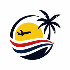 Poster -  logo shows a sunset with an airplane flying near a palm tree, suggesting themes of travel and vacation