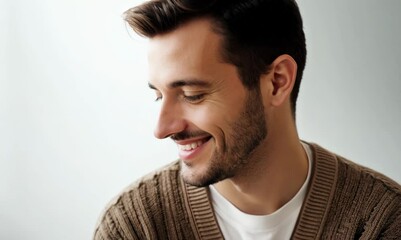 Wall Mural - Close-up portrait video of a satisfied man in his 30s wearing a chic cardigan against a minimalist or empty room background