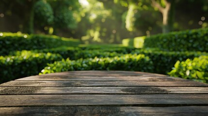 close up of rustic empty wooden table with blurred green bush hedge maze labyrinth background