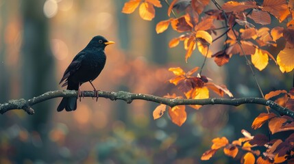 Canvas Print - Blackbird perched on branch in Dutch forest during autumn