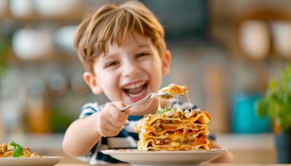 Wall Mural - Happy Child Enjoying Delicious Lasagna