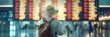 © Viktor - Traveler stands at airport terminal, looking at map, ready to depart. Woman wears casual outfit and carries backpack, surrounded by busy atmosphere of passengers moving through security checks.