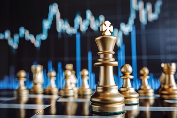 A chessboard with a growing forex chart on a blurry background. Stock market concept with double exposure.