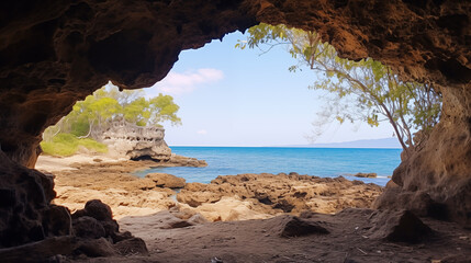 Wall Mural - View from the cave to the seashore. Cozy grotto on the shore of the warm sea