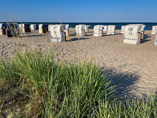 View of the sandy beach, traditional north german beach chairs strandkorb and green beach grass on Baltic sea coast