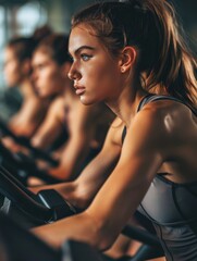 Wall Mural - Rowing machine workout for athletes. Focused women sweating with determination.