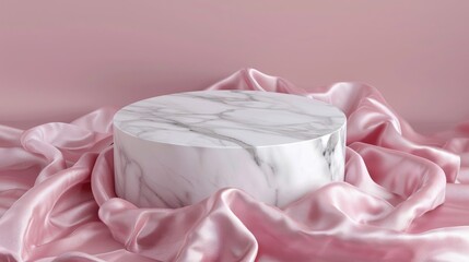 Wall Mural - White marble podium on pink silk fabric for product displays