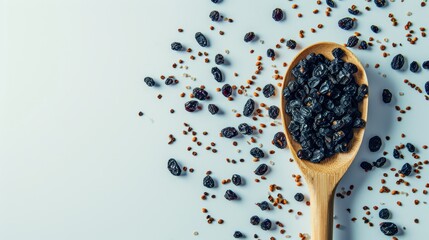 Wall Mural - A wooden spoon with a pile of assorted seasonings such as nutmeg, cinnamon, and vanilla. A colorful and rustic display of cooking ingredients.