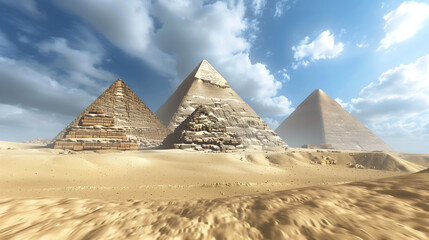 3D rendering of the pyramids in Egypt, against a blue sky with clouds