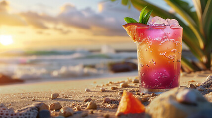 Colorful tropical cocktail on the beach, sunset background, refreshing drink