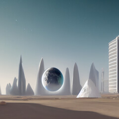 Alien city with planet in middle