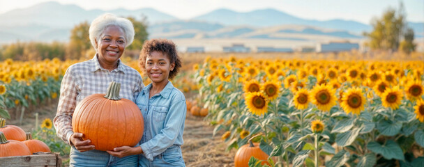 Pumpkin autumn field. Black senior woman and african teen girl holding big pumpkin in fall patch. Family harvest festival banner. Thanksgiving and Halloween child and mature, autumn farm landscape