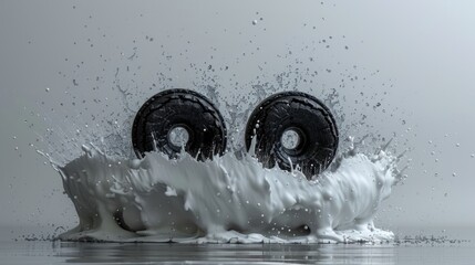 Poster - Two black wheels fall through a white liquid, creating a dramatic splash with water droplets in the air.