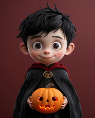 Wall Mural - 3d render cute cartoon vampire boy with jack-o'-lantern isolated on burgundy background banner mockup design, copy space, Halloween concept.